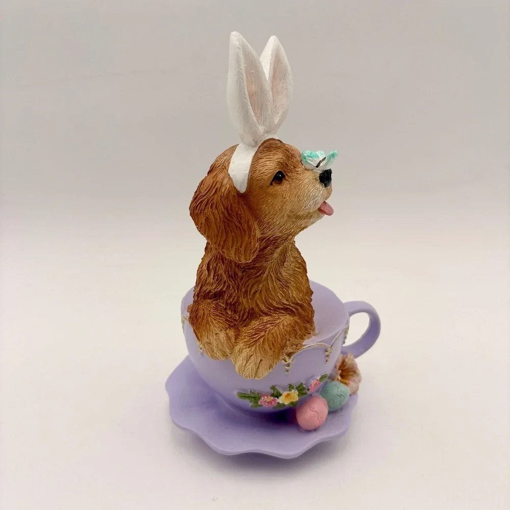 Easter Puppy in Teacup Figurine Bunny Ears Butterfly Lavender Resin Pastel‎